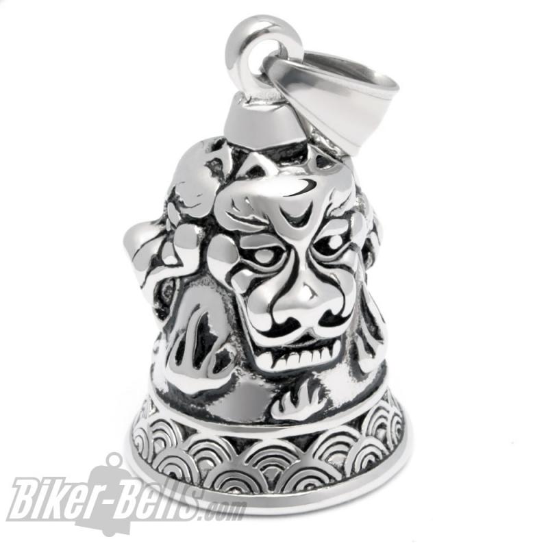 Detailed Biker-Bell with Asian Dragon Masks and Flames Stainless Steel Ride Bell